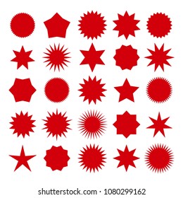 Star burst shapes. Vector brightness red bursting stars symbols isolated on white background for circle badges and prices