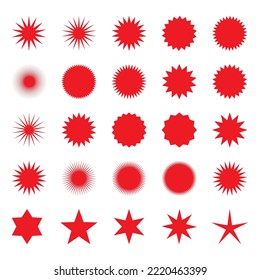 Star burst shapes. Vector brightness red bursting stars symbols isolated on white background for circle badges and prices.