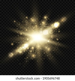 Star burst with sparkles and bokeh. Golden light flare effect with stars, sparkles and glitter isolated on transparent background. Vector illustration of shiny glow star with stardust, gold lens flare