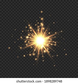 Star burst with sparkles. Golden light flare effect with stars, sparkles and glitter isolated on transparent background. Vector illustration of shiny glow star with stardust, gold lens flare