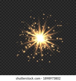 Star burst with sparkles. Golden light flare effect with stars, sparkles and glitter isolated on transparent background. Vector illustration of shiny glow star with stardust, gold lens flare