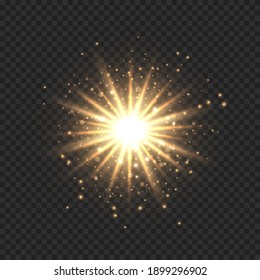 Star Burst With Sparkles. Golden Light Flare Effect With Stars, Sparkles And Glitter Isolated On Transparent Background. Vector Illustration Of Shiny Glow Star With Stardust, Gold Lens Flare