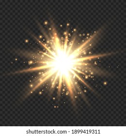 Star burst with sparkles. Golden light flare effect with stars, sparkles and glitter isolated on transparent background. Vector illustration of shiny glow star with stardust, gold lens flare