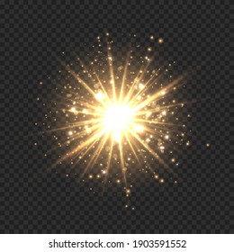 Star Burst With Sparkles. Golden Light Flare Effect With Stars, Sparkles And Glitter Isolated On Transparent Background. Vector Illustration Of Shiny Glow Star With Stardust, Gold Lens Flare