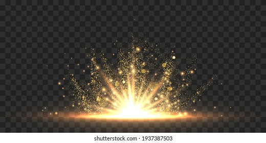 Star burst with sparkles. Golden light flare effect with stars, sparkles and glitter isolated on dark transparent background. Vector illustration of shiny glow star with stardust, gold lens flare