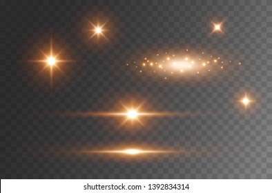 Star burst with sparkles isolated on transparent background. Sun flash with rays or gold spotlight set. Glow  flare light effect. 
