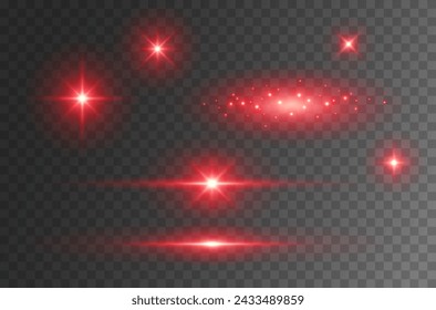 Star burst with sparkles isolated on transparent background. Sun flash with rays or red spotlight set. Glow flare light effect