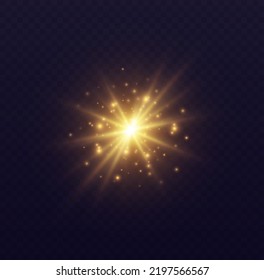 Star burst with sparkles, lens flare with particles, golden star explosion. Shining sun with fairy dust. Transparent vector light effect.