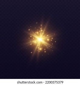 Star burst with sparkles, lens flare with particles, golden star explosion. Shining sun with fairy dust. Transparent vector light effect.