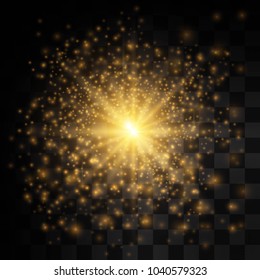 Star burst with sparkles. Light effect. Gold glitter texture