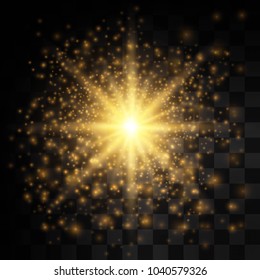 Star burst with sparkles. Light effect. Gold glitter texture