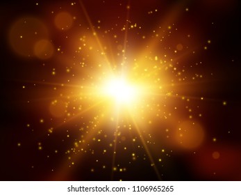 Star burst with sparkles. Light effect. Gold glitter texture.