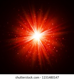Star burst with sparkles. Light effect. Gold glitter texture.