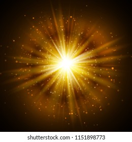 Star burst with sparkles. Light effect. Gold glitter texture.