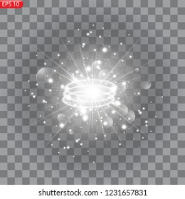 Star burst with sparkles. Light effect. Transparent background.