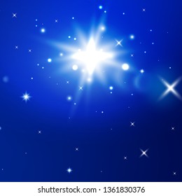Star burst with sparkles. Light effect. Blue background. glitter texture.