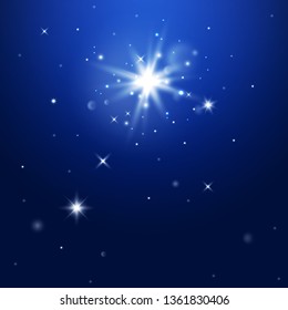 Star burst with sparkles. Light effect. Blue background. glitter texture.