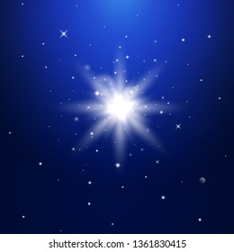 Star burst with sparkles. Light effect. Blue background. glitter texture.