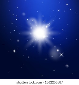 Star burst with sparkles. Light effect. Blue background. glitter texture.