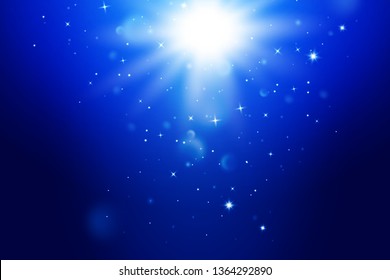 Star burst with sparkles. Light effect. Blue background. glitter texture.