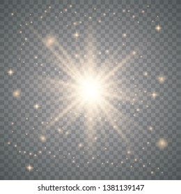 Star burst with sparkles. Light effect. Gold glitter on transparent background. Vector illustration eps10.