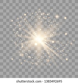 Star burst with sparkles. Light effect. Gold glitter on transparent background. Vector illustration eps10.