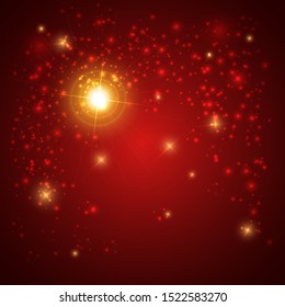 Star burst with sparkles. Light effect. Gold glitter texture.Realistic lens flare effect. Shining golden flash with sparkles, rays.