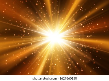 Star burst with sparkles. Light effect. Gold glitter texture.