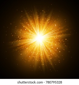 Star burst with sparkles. Light effect. Gold glitter texture.