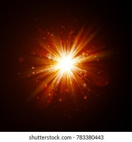 Star burst with sparkles. Light effect. Gold glitter texture.