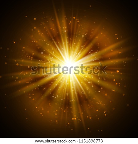 Star burst with sparkles. Light effect. Gold glitter texture.