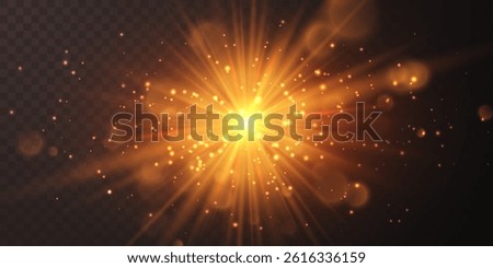 Star burst with sparkles. Light effect. Gold glitter texture.