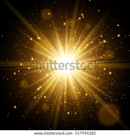 Star burst with sparkles. Light effect. Gold glitter texture.