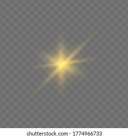Star burst with sparkles. Set of yellow  glowing light explodes on a transparent background Sparkling magical dust particles. Gold glitter Bright Star. Transparent shining sun, bright flash Vector 