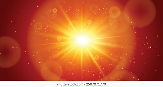 Star burst and sparkles, vector abstract lens flare on red background