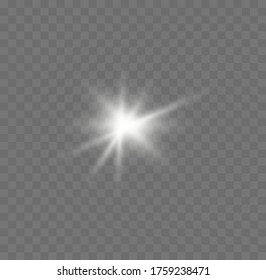 Star burst with sparkles. White glowing light explodes on a transparent background. Sparkling magical dust particles. Glitter bright star. Transparent shining sun, bright flash. Vector illustration.
