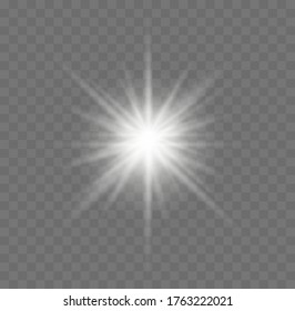 Star burst with sparkles. White glowing light explodes on a transparent background. Sparkling magical dust particles. Glitter bright star. Transparent shining sun, bright flash. Vector illustration.