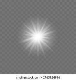 Star burst with sparkles. White glowing light explodes on a transparent background. Sparkling magical dust particles. Glitter bright star. Transparent shining sun, bright flash. Vector illustration.