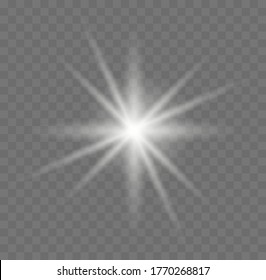 Star burst with sparkles. White glowing light explodes on a transparent background. Sparkling magical dust particles. Glitter bright star. Transparent shining sun, bright flash. Vector illustration.