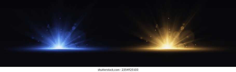 Star burst with sparkles. Yellow glow sparkling texture. Magical star dust sparks in explosion on black background. Vector magic white and blue rays glow light effect. Fast motion bokeh effect.