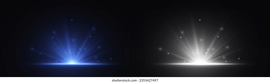 Star burst with sparkles. Yellow glow sparkling texture. Magical star dust sparks in explosion on black background. Vector magic white and blue rays glow light effect. Fast motion bokeh effect.