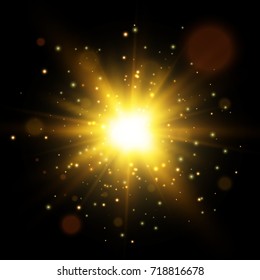 Star burst with sparkles.Vector light effect. Gold glitter texture.