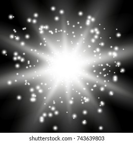 Star burst with sparks, light effect on black background, white color