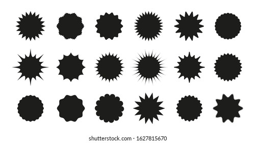 Star burst sticker. Starburst price tag icon. Vector. Set badge shape. Sale promo circles isolated on white background. Black pricetags. Round sun splash in simple design. Wave vignette. Illustration.