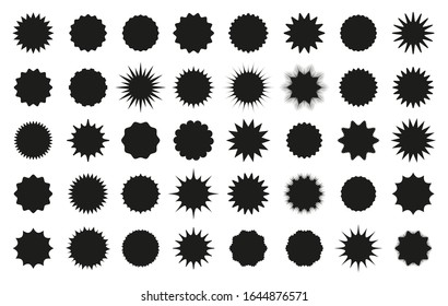 Star burst sticker. Starburst price tag icon. Vector. Set badge shape. Sale promo pricetags isolated. Black circles on white background. Round sun splash in simple design. Wave vignette. Illustration.
