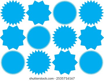 Star burst sticker. Starburst price tag icon. Vector. Set badge shape. Sale promo pricetags isolated. Black circles on white background. Round sun splash in simple design. Wave vignette. Illustration.