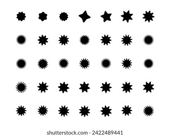 Juego de vectores de pegatinas con ráfagas de estrella. Silhouettes de explosión de etiquetas negras de precio fijo, insignia de venta de starburst retro. Etiqueta en blanco de estrella, emblema de pegatinas.