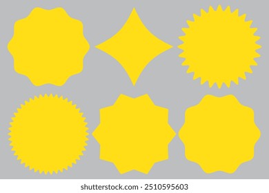 Conjunto de vetores de adesivo de intermitência de estrela. Coleção Stars. Ícones de estrela. Crachá de venda de flores Starburst. Estrela em branco rótulo, adesivos emblema. Ilustração do símbolo de brilho. Quadros de raio de sol, sinais de qualidade, ícone de venda