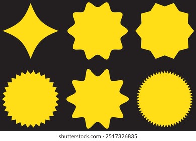 Conjunto de vetores de adesivo de intermitência de estrela. Coleção Stars. Ícones de estrela. Crachá de venda de flores Starburst. Estrela em branco rótulo, adesivos emblema. Ilustração do símbolo de brilho. Quadros de raio de sol, sinais de qualidade, ícone de venda