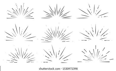 Star Burst, Sun Burst Sunshine. Radiating From The Center Of Thin Beams, Lines. Design Element For Logo, Signs. Vector Illustration 